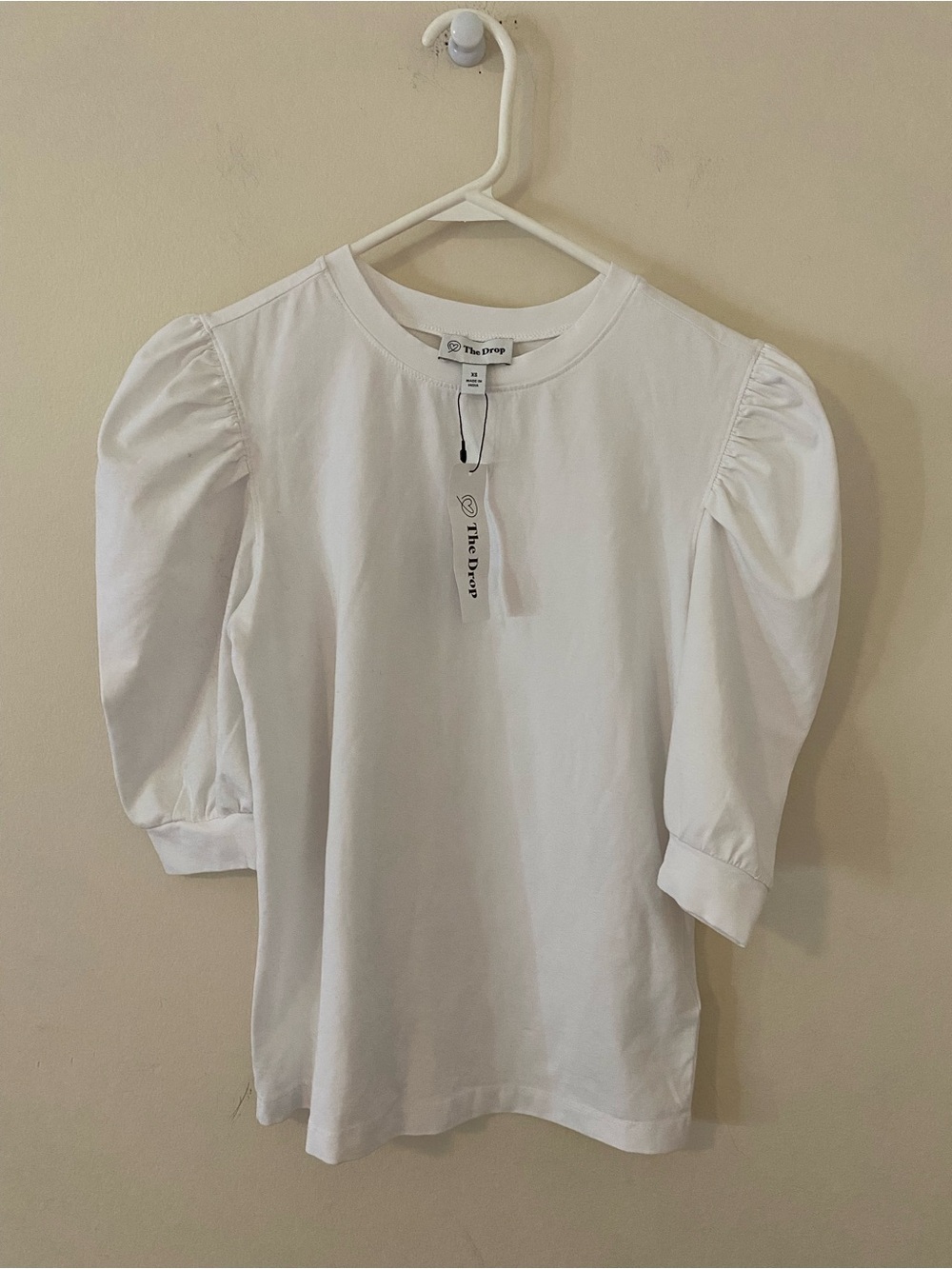 The Drop Cotton White Puff-Sleeve Crewneck Top